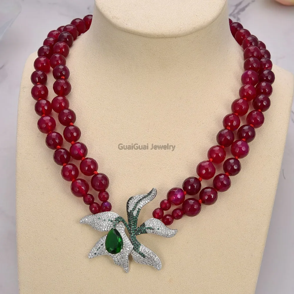 GG Jewelry 18 &quot 19&quot 2 ряда Фуксия Агат камень ожерелье CZ цветок кулон|Цепочки| |