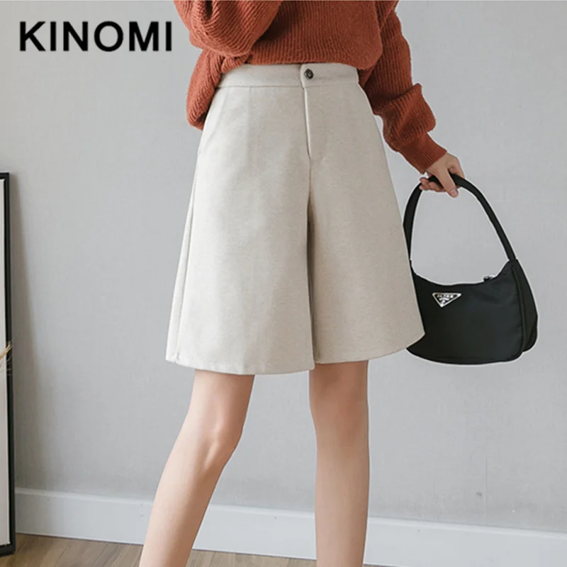 KINOMI, Осень-зима, шерстяные полуштаны для девушек, высокая талия, повседневные Широкие штаны, винтажные Короткие штаны с карманами, Новое поступление