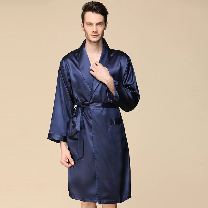 Blue Aolamegs мужские пижамы сплошной шелк цвета Ночной халат тонкий мягкий длинный рукав открытая Пижама роскошный модный стиль Мужская домашняя одежда лето - Цвет: Blue