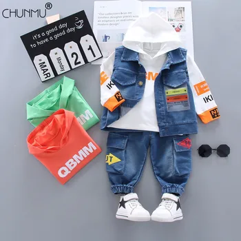 

Infant Suit Autumn Baby Boys Clothes Fashion Kids Denim Set Long Sleeve Hooded Tops Waistcoat Pants 3 pcs Baby Boys Clothing Set
