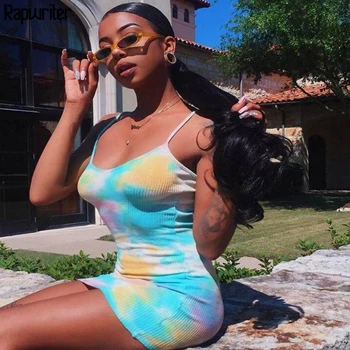 

Rapwriter Casual Slim Tie Dye Spaghetti Strap Summer Dress Women 2020 Stretch Sleeveless Sexy Mini Sexy Dress Vestidos mujer
