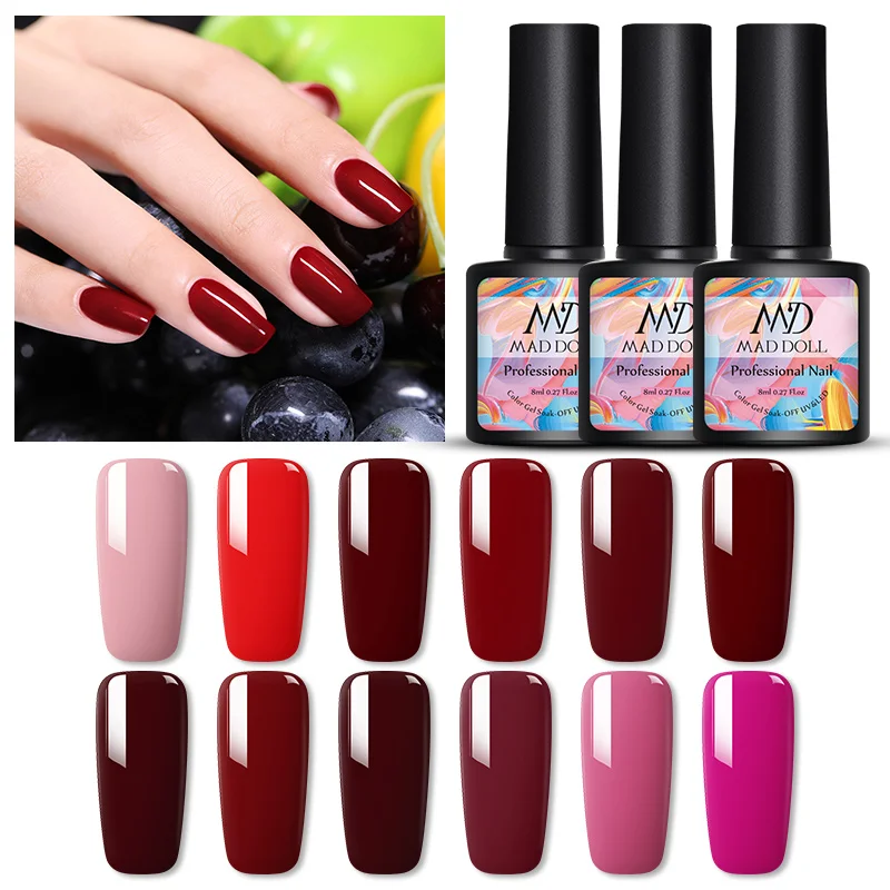 

MAD DOLL 8ml Nail Gel Polish Purple Red Pink Series Color Soak Off UV Gel Polish Varnish Long-Lasting One-shot Nail Art Gel