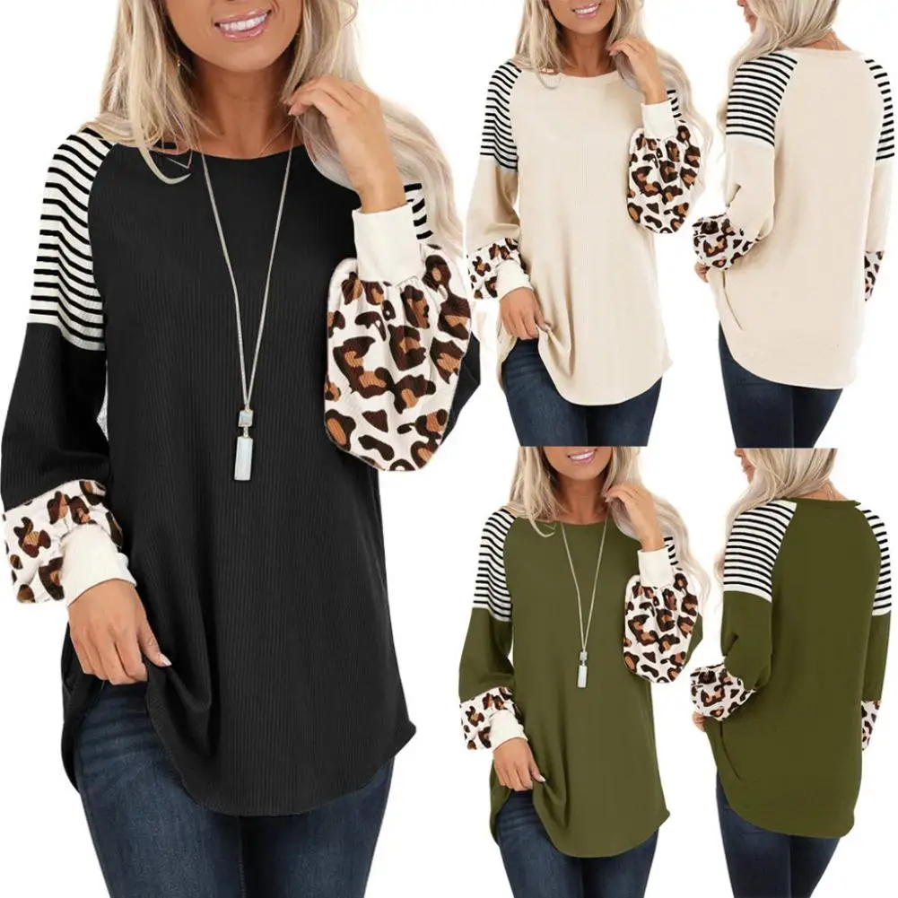 

Chic Women O Neck Long Puff Sleeve Leopard Stripes Print Pullover Loose Blouse Suitable for work school holiday shopping gifts