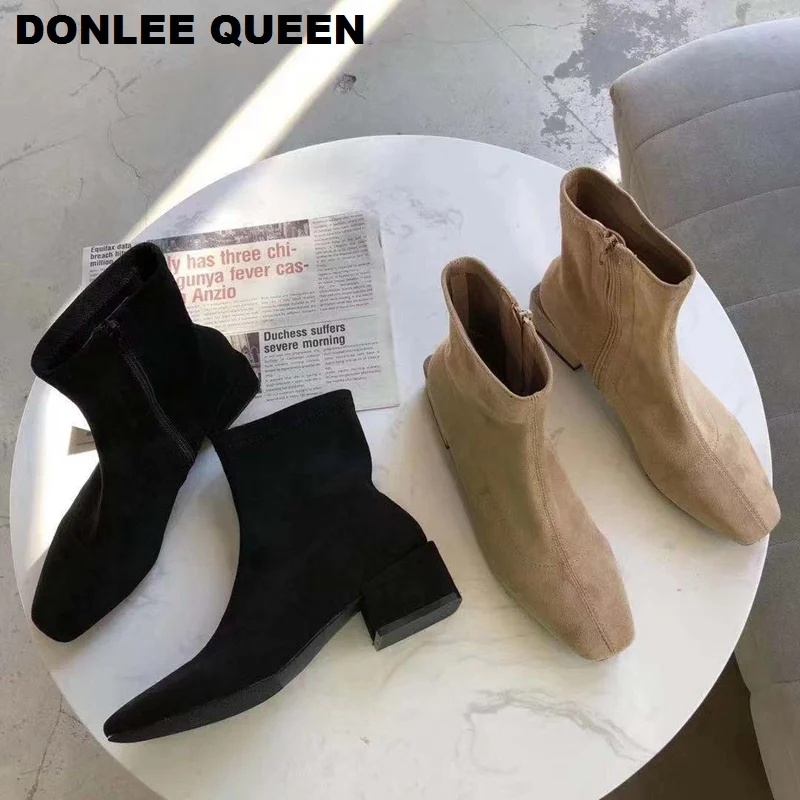 

Ankle Boots Women 2019 Autumn Winter Boots New Low Heel Chelsea Boots Female Flock Short Booties Women Shoes Black zapatos mujer