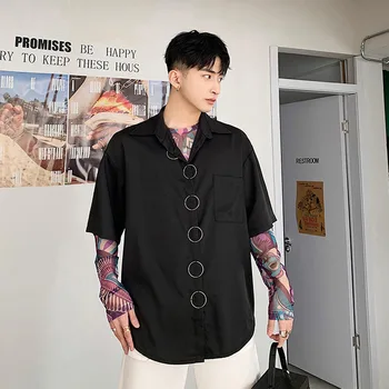 

Men Iron Ring Short Sleeve Casual Loose Shirt Male Streetwear Hip Hop Gothic Shirts