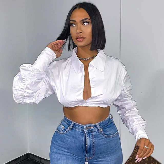 Newasia White Shirt Women Deep V Neck 