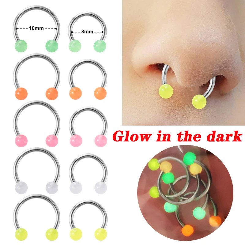 Nose Piercing Acrylic Glow In The Dark Hoop Septum Ring Luminous Lip Cartilage Earring Circular Ear Horseshoe Body Jewelry 5pcs