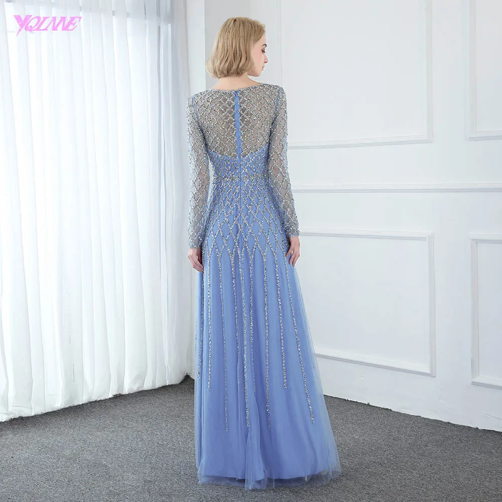 YQLNNE Blue Beaded Full Sleeve Evening Dresses Long Formal Women Evening Gown