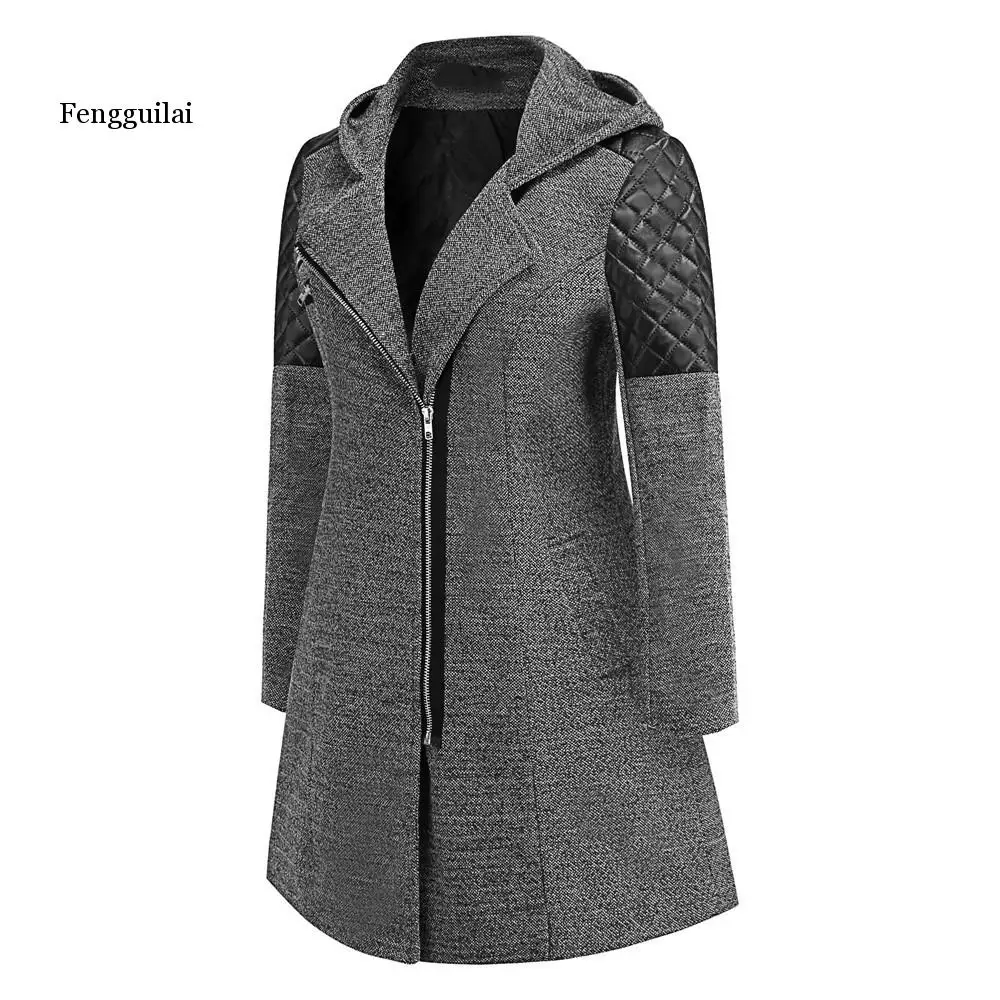 Женское зимнее пальто с капюшоном, осенняя тонкая верхняя одежда, модное лоскутное Черное женское теплое ветрозащитное свободное шерстяное пальто 5XL