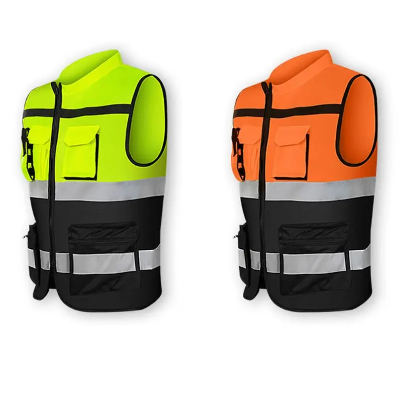 Multi-pockets High Visibility Zipper Front Safety Vest with Reflective Strips