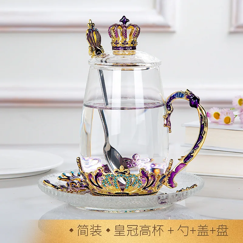 H-spoon lid saucer Европейская Корона, эмалированная чашка, роскошная Подарочная коробка, набор стеклянных стаканчиков для воды, высокое качество, подарок, новинка, чайная бутылка, стеклянная бутылка для воды - Цвет: H-spoon lid saucer