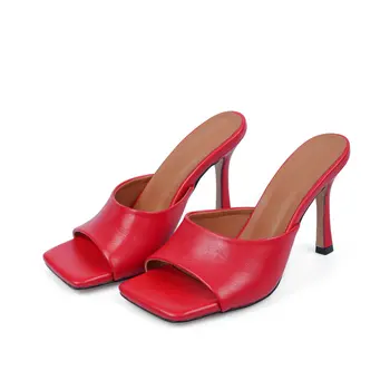 

Faux Leather Women Square Toe Kitten Heels Fashion Party Flip Flops 2020 summer nine red, black, beige, snake pattern 34-43