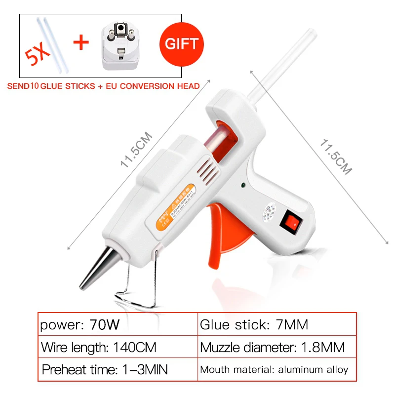 70W 10 glue sticks AIRAJ термоплавкий клеевой пистолет 70 Вт/80 Вт/60-100 Вт/120 Вт/150 Вт с 5/10 клеевым стержнем и конверсионной головкой ЕС высокомощный нагревательный склеивающий инструмент - Цвет: 70W 10 glue sticks