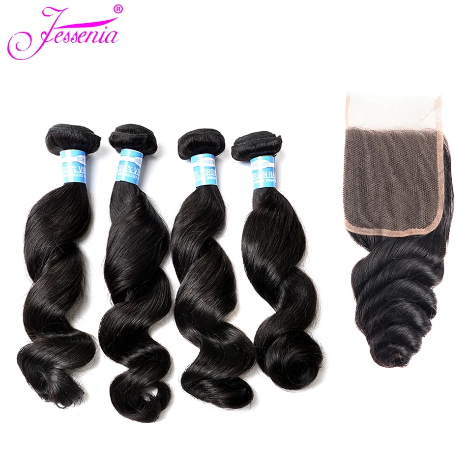 

Malaysian Hair Bundles with Closure Loose Wave 4 Bundles with Closure Human Hair Bundles with 4*4 lace Closure Natural Black