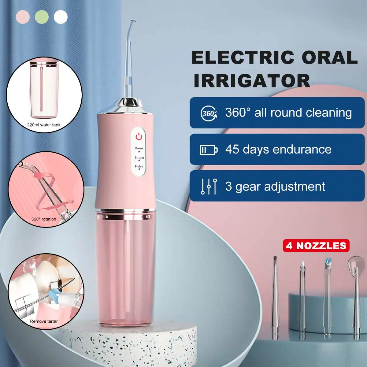 220ML irrigador Oral USB recargable agua Flosser hilo Dental portátil agua irrigador Dental con chorro de dientes limpiador gran tanque de agua con 4 boquilla