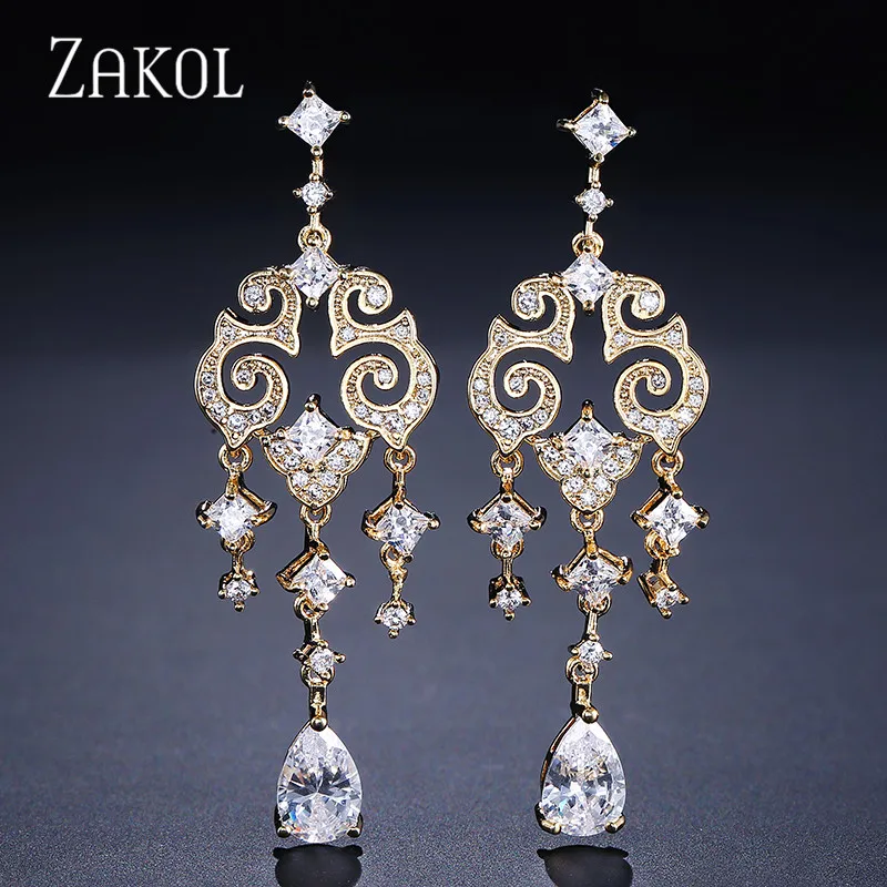 Женские серьги подвески ZAKOL длинные из кубического циркония для свадебного обеда