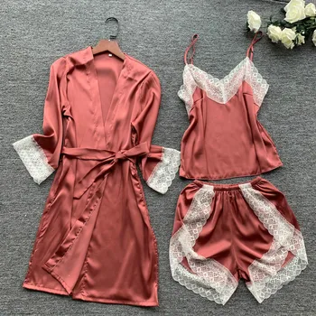 

Sexy Lace Women Pajamas Sexy Lace Satin 3PCS Sleepwear Summer Sling+Shorts+Robe Female 3PCS Pajamas Suit Casual Home Clothes