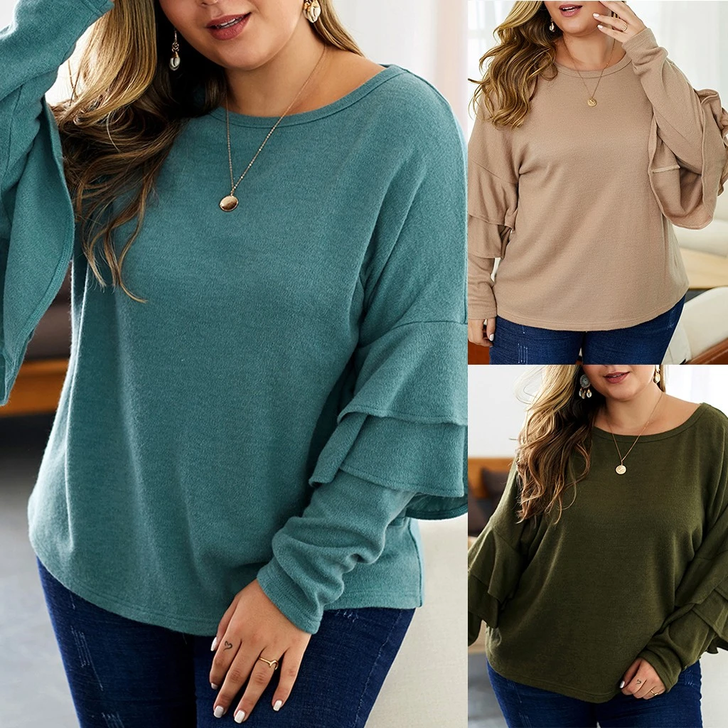 Moda mujer cuello redondo talla Color sólido estampado pastel larga mujeres tops blusas mulher elegantes блузка|Blusas y camisas| - AliExpress