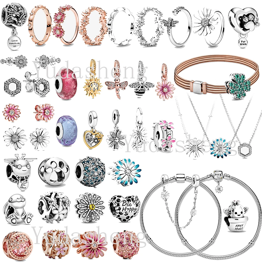 

Spring 2020 Silver Daisy Flower Dragonfly Bee Ring Ear Stud Necklace Pendant Bead Fit Original Pandoras Dangle Charm Bangle
