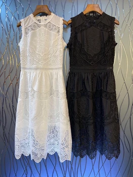 

2020 Spring and Summer New Women's round Neck Water Soluble Lace Embroidery Stitching Sleeveless Dress 712