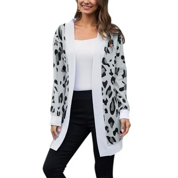 

Vicabo Ladies Leopard Print Cardigan Women's Autumn Long-sleeved Open Stich Winter Fashion Mid-length Knitted Cardigans