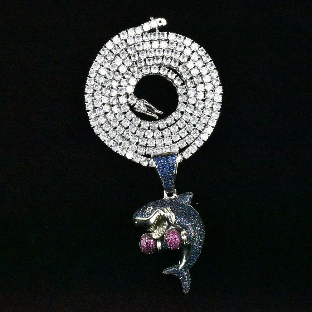 Ледяной Синий цирконовый Акула с боксерской перчаткой Серебряное золото