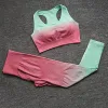 2PC Ombre Women Yoga Set Seamless Leggings Long Sleeve Crop Top Sports Bra Running Pants Gym Clothing Fitness Workout Gym Set