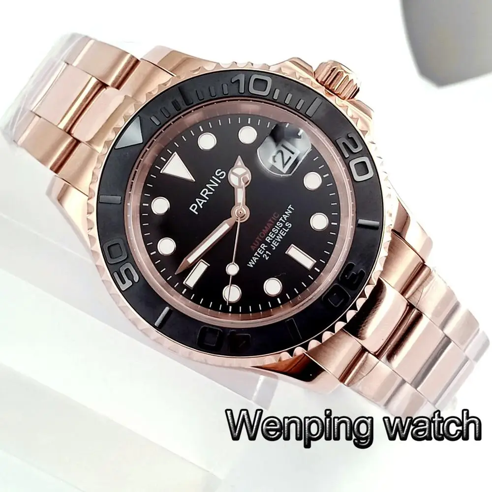 

Parnis 41mm Date Business Luxury Black Dial Rose Gold Case Golden steel strap Automatic Men Watch