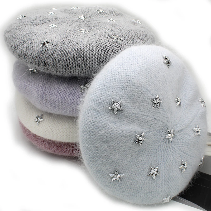 

[Rancyword] Fashion New Women Angora rabbit Solid Color Beret Female Bonnet Caps Winter All Matched Warm Walking Hat with stars