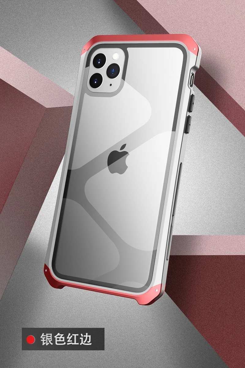 Металлический алюминиевый чехол для Iphone 11, чехол-гибрид из поликарбоната, задняя крышка из закаленного стекла для Iphone 11 Pro Max, чехол, противоударный чехол, Fundas - Цвет: Silver Red