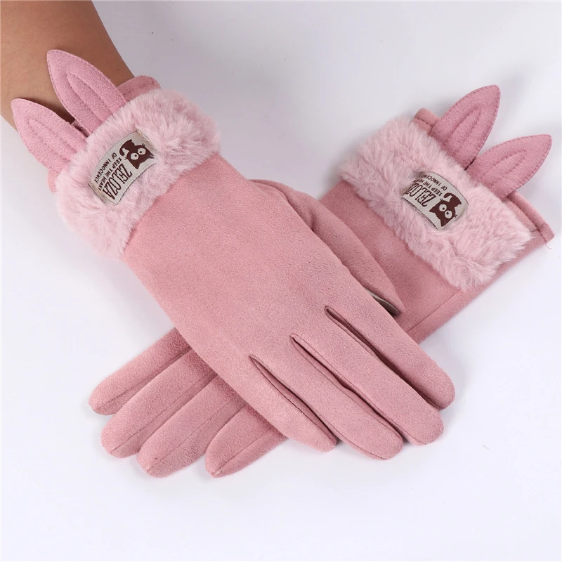 Touch screen gloves ladies winter warm suede leather mittens lovely rabbit cat ears plus velvet thickening driving gloves D33
