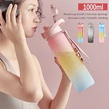 1000ml Large Capacity Water Bottle With Bounce Cover Time Scale Reminder Portable Leakproof Cup For Outdoor Sports Fitness