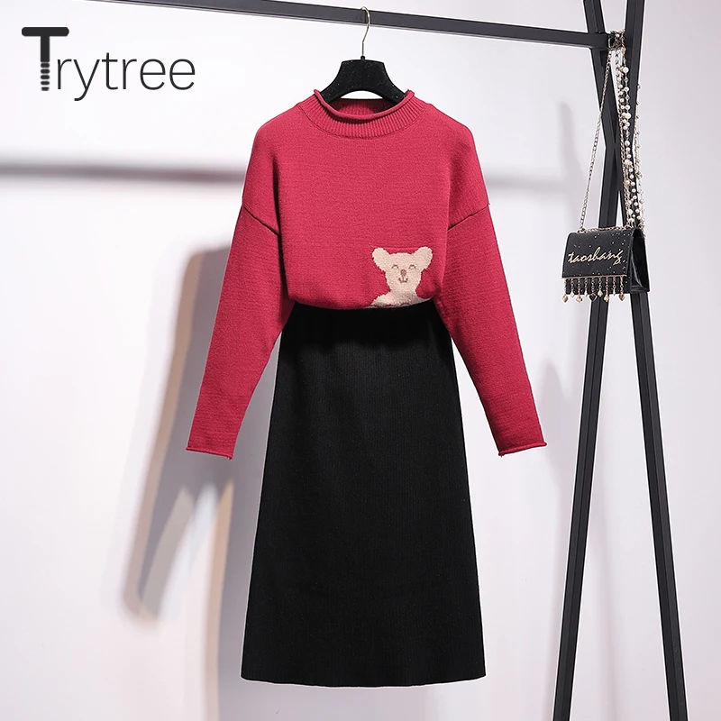 Trytree/Коллекция года, осенне-зимний комплект из двух предметов, повседневный Вязаный топ с круглым вырезом и рисунком медведя+ юбка, Модный комплект до колен, комплект из 2 предметов