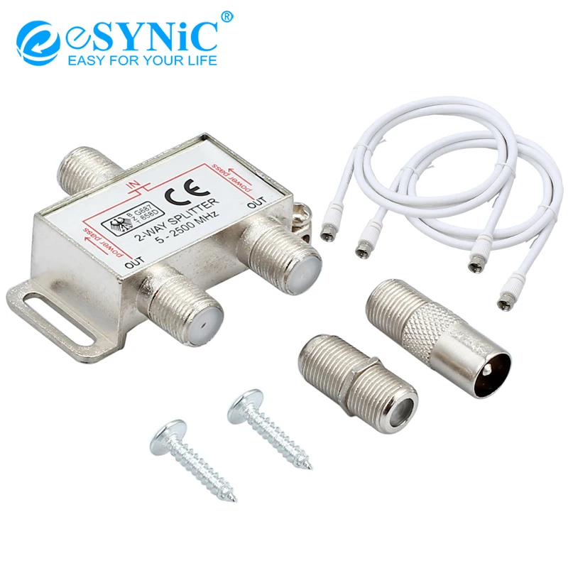 Esynic 2 Way F Type Coax Cable Splitter 2500mhz Aerial / Tv / Catv Broadband Connector For