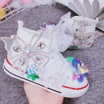 

Womens Round Toe Canvas Butterfly Rhinestones Bling DIY Flats Sneakers Casual Sweet Lolita Shoes White Pricess Girls