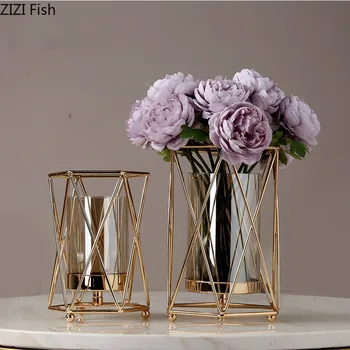 

CREATIVE NORDIC METAL IRON GEOMETRIC GLASS GOLD VASE LIVING ROOM DECORATION FLOWER ARRANGEMENT MODERN HOME DECORATION VASES