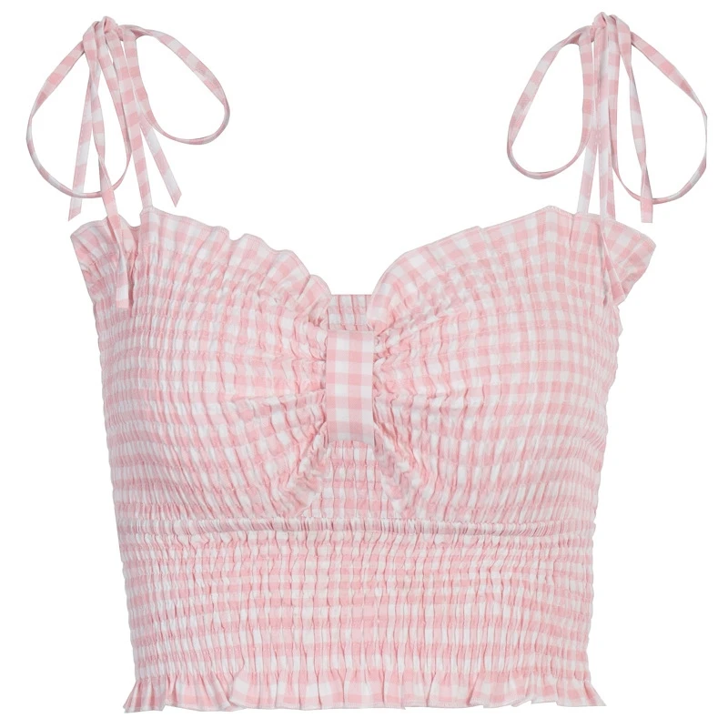 Sweet Bandage Plaid Straped Ruched Crop Tops Summer Fashion Hollow Out Bow Ruffle Hem Camis Tops Kawaii Tank