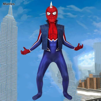 

Game Ps4 Spider-Man Costume Spider-Punk Rock Homecoming Cosplay Superhero Halloween Jumpsuit Denim Vest Zentai For Children Kids