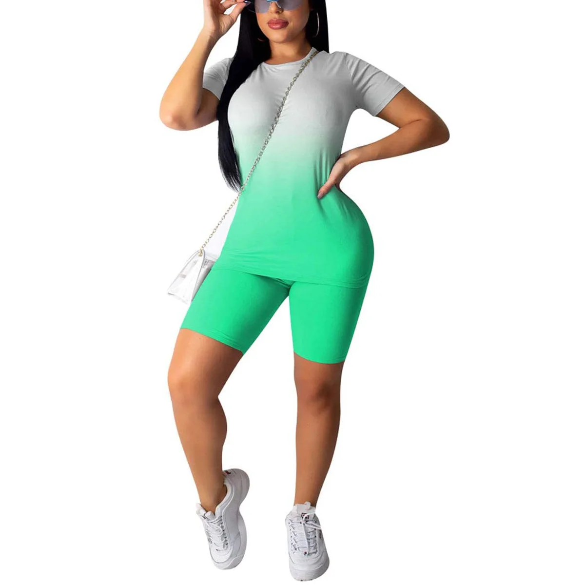 

Women Sets Clothes Gradient Pattern Short Sleeve Round Neck Slim Top High Waist Elastic Band Shorts Tracksuit Set Outfits