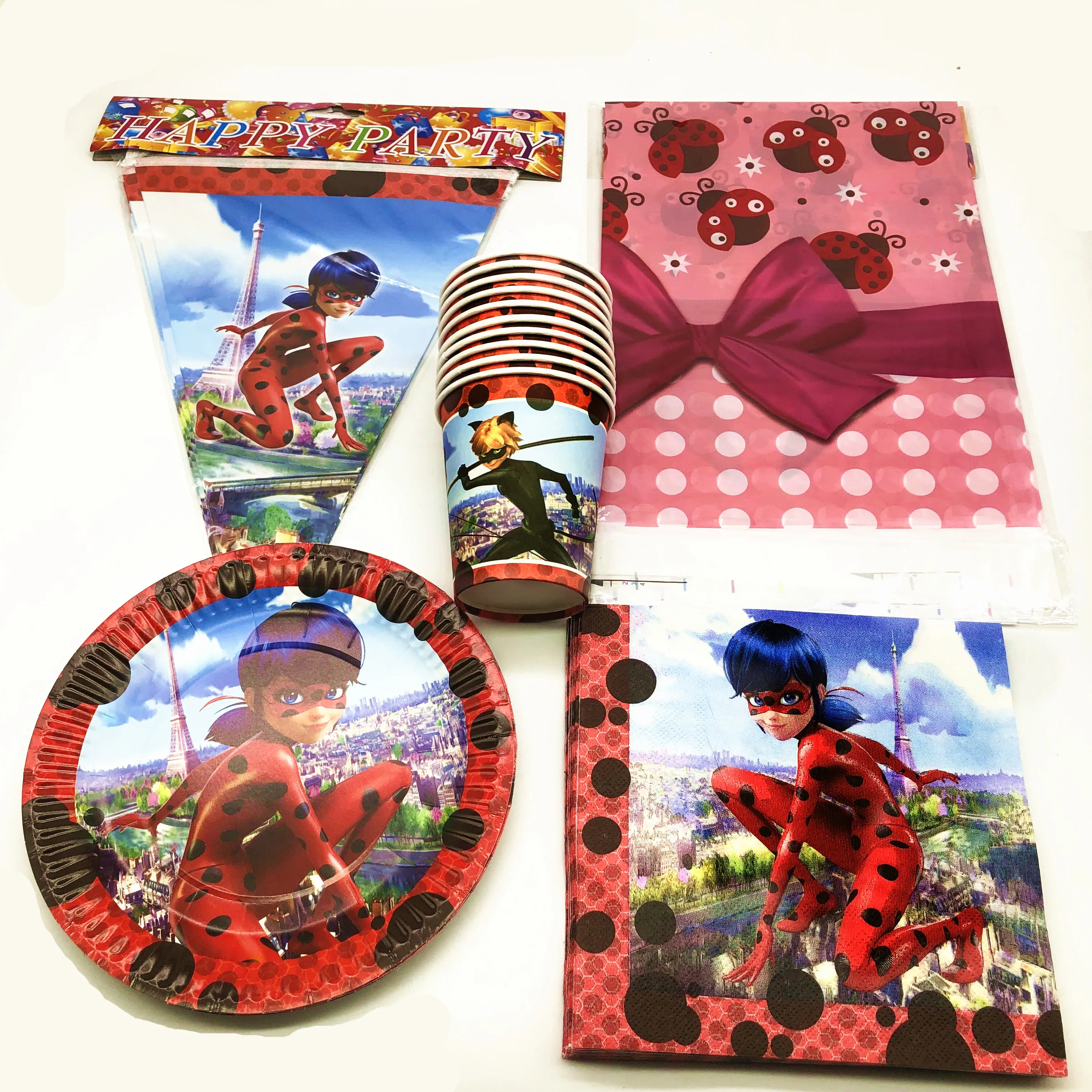

51Pcs/lot Ladybug Theme Cartoon Design Kids Birthday Party Paper Plates Cups Napkin Flags Tablecloth baby shower Party Supplies