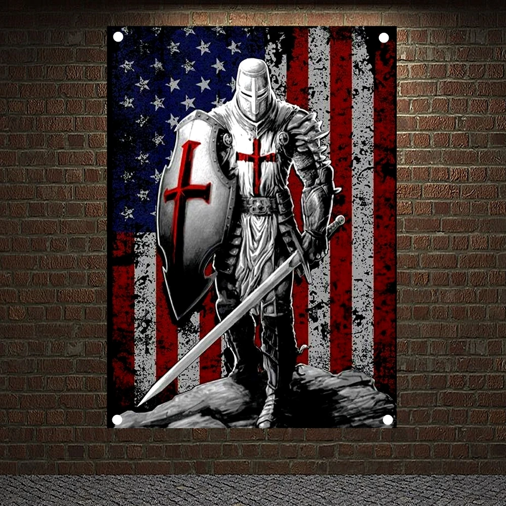 

Ancient Military Posters Templar Knight On Horse Banners Retro Print Art Crusader Flags Canvas Painting Wall Hanging Home Decor