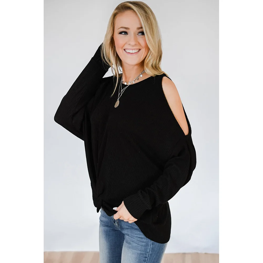 Осенняя трикотажная Сексуальная футболка с открытым плечом и длинными рукавами, Женская Однотонная футболка с подолом, женский топ
