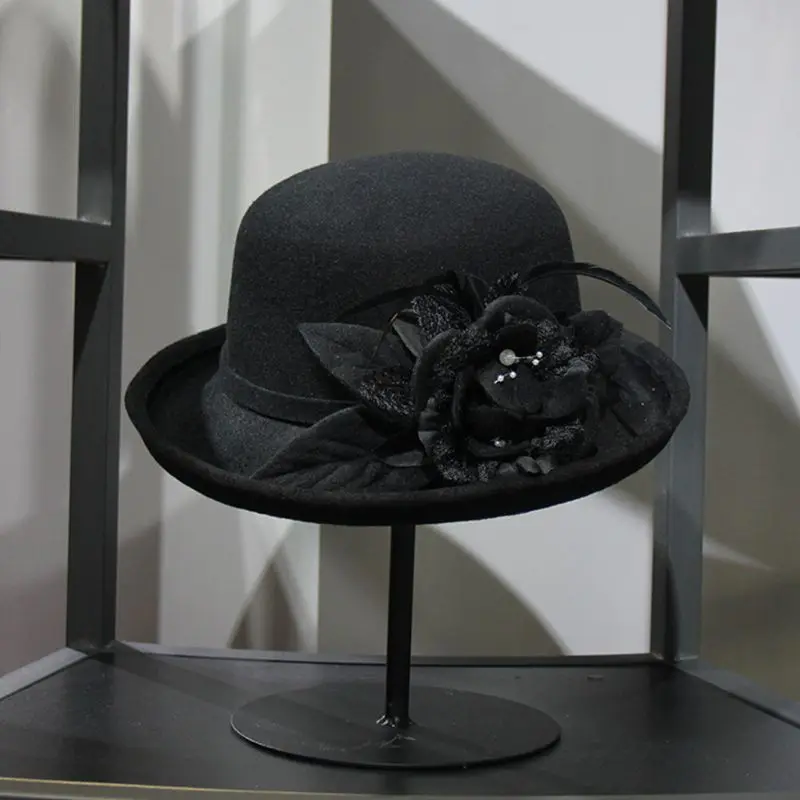 Womens Winter Vintage Faux Felt Trimmed Bucket Cap Flower Feather Imitation Pearl Bowknot Elegant Wedding Church Trend Top Hat