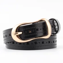Women Genuine Leather Belt New Hollow Print Pin Buckle Waistband For Ladies Two-Layer Cowhide Thin Belts For Jeans Waistband