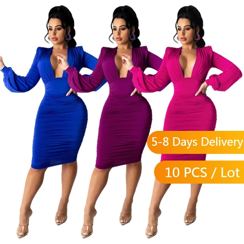 

Wholesale Items Autumn Bodycon Party Dress Women Clubwear V Neck Lantern Long Sleeve Midi Dress Elegant Ruched Drape Sexy Dress