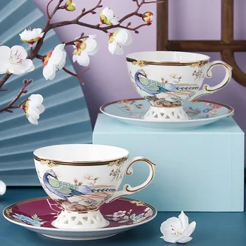 

Exquisite Chinese Coffee Cups Peacock Pattern Afternoon Tea Cup Ceramic Bone china Coffee Mug with Saucer Home Decor Drinkware