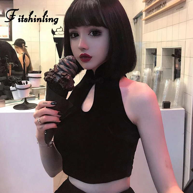 

Fitshinling Goth Dark Vintage Velvet Cropped Tanks Tops Women Hole Button Grunge Vest Slim Sexy Black Tank Female Clothing Sale