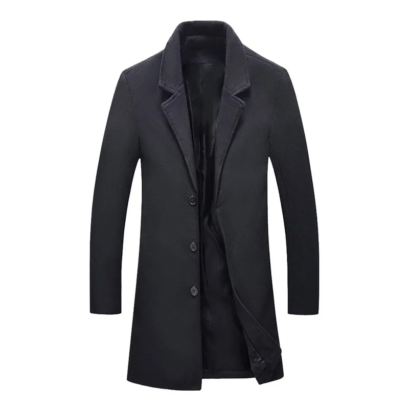 Litthing шерстяное длинное пальто для мужчин, осенне-зимняя брендовая куртка, Мужское пальто, повседневное однотонное тонкое пальто с воротником, длинный Тренч, уличная одежда - Цвет: Black