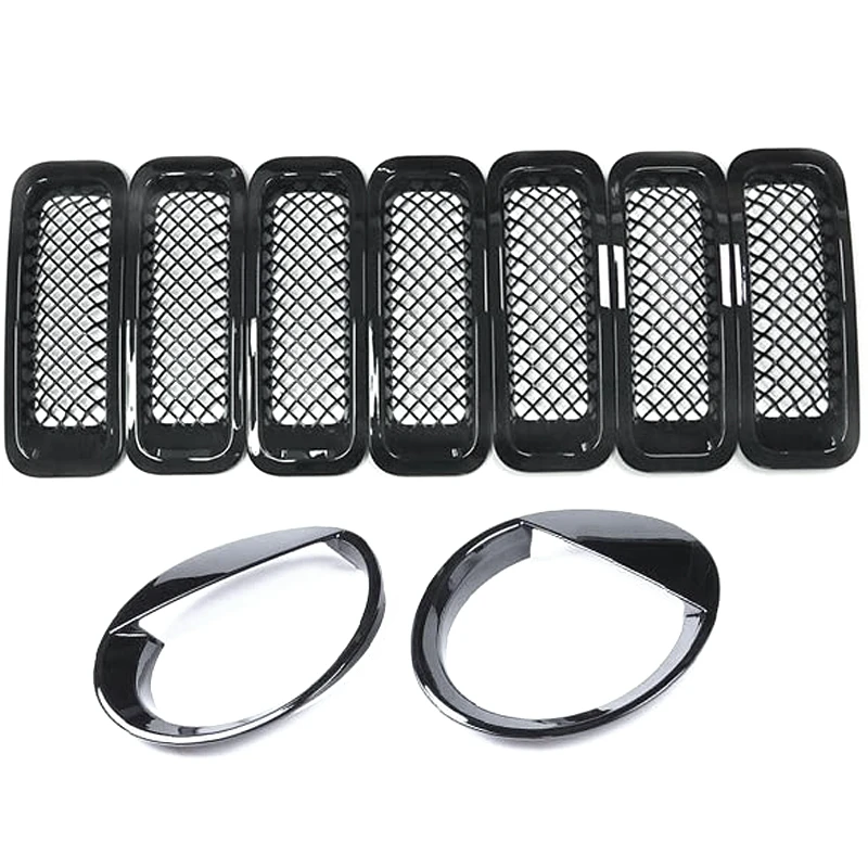 

9Pcs Front Grille Grill Mesh Grille Insert Kit + Style Headlight Lamp Cover Trim for Jeep Patriot 2011-2016