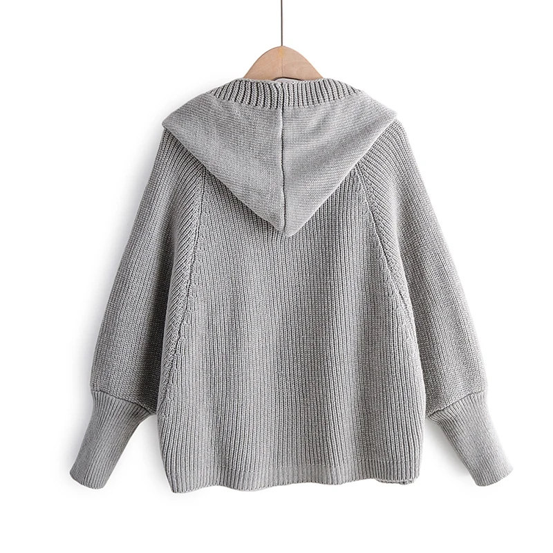 Women Autumn Winter Sweater Knitted Hooded Lantern Sleeve Cardigan Solid Casual Female Outwear Sweaters